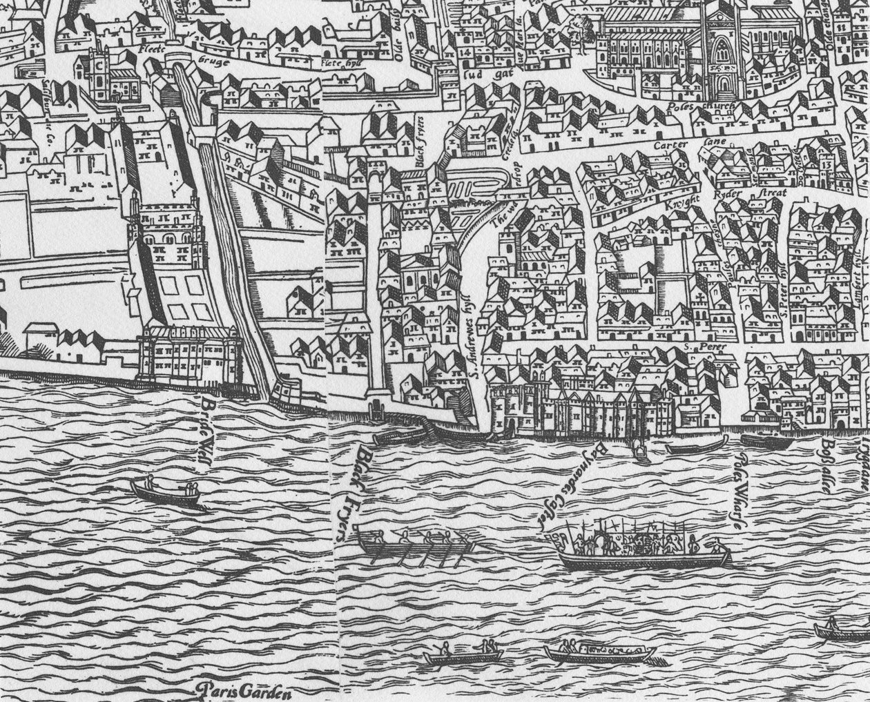 Yksityiskohta Thames-joesta ja St Paulsin katedraalista Civitas Londinium -puupiirroksesta. tekijältä Ralph Agas