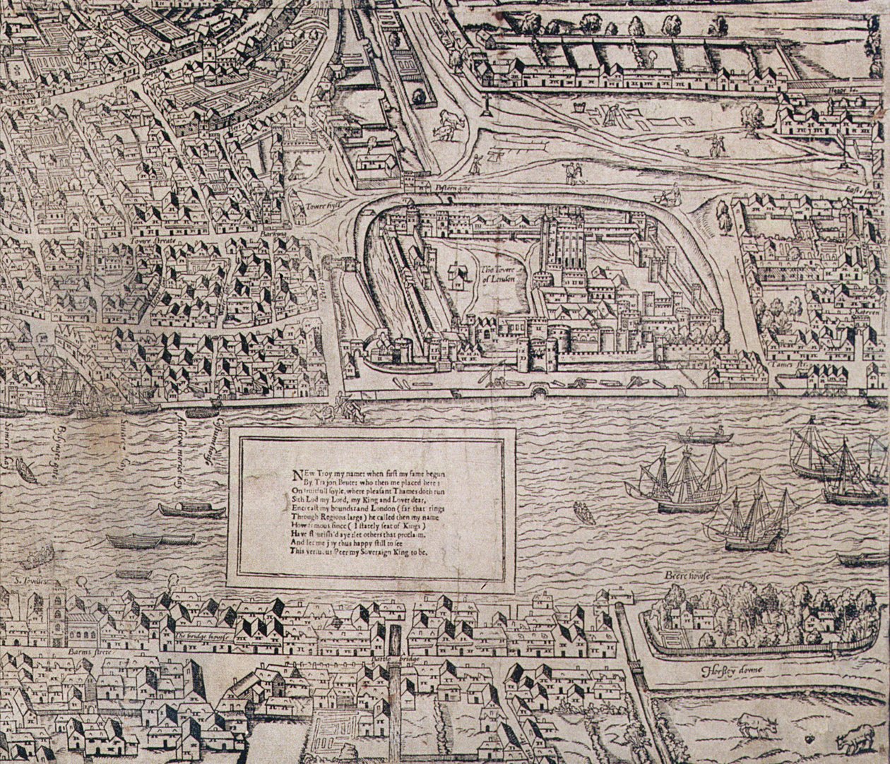 Yksityiskohta Lontoon Towerista, "Civitas Londinumista", Lontoon kartasta, 1560 tekijältä Ralph Agas