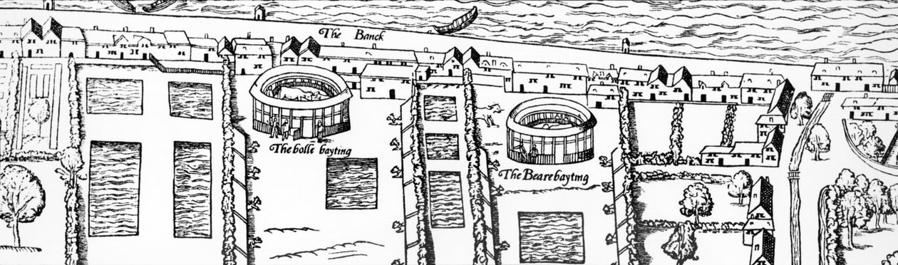 Shakespearen teatterin sijainti, yksityiskohta Civitas Londinum -kartasta, Lontoon kartta, puupiirros vuodelta 1560. tekijältä Ralph Agas
