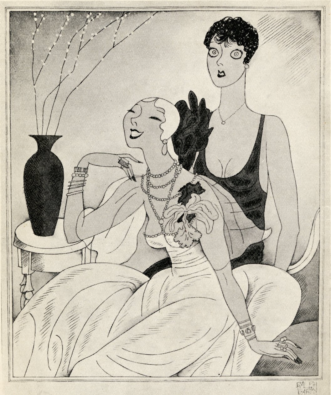 Lorelei ja Dorothy, kuvitus Anita Loosin teoksesta "Mutta herrat naimisissa brunetteja", julkaistu vuonna 1928 tekijältä Ralph Barton