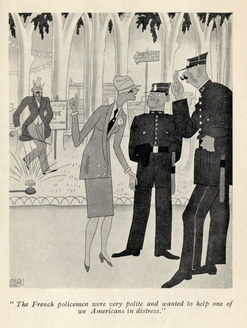"Ranskalaiset poliisit olivat erittäin kohteliaita...", kuvitus Anita Loosin vuonna 1928 julkaistusta "But Gentlemen Marry Brunettes" -kirjasta tekijältä Ralph Barton