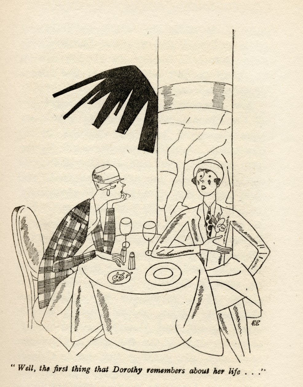 "No, ensimmäinen asia, jonka Dorothy muistaa elämästään...", kuva Anita Loosin vuonna 1928 julkaistusta "Mutta herrat naimisissa brunetteja" tekijältä Ralph Barton