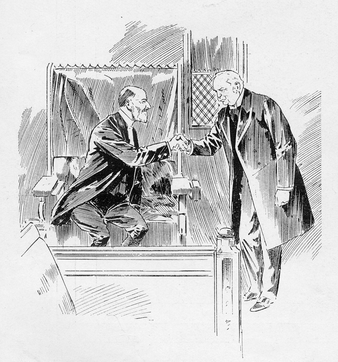 Pääministeri tervehtii aseherraa artikkelista "The Resembling of Parliament", joka julkaistiin The Graphicissa 27. lokakuuta 1906. tekijältä Ralph Cleaver