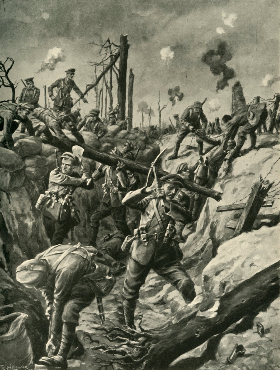 Brittiläiset sotilaat saksalaisessa juoksuhaudossa, länsirintama, ensimmäinen maailmansota, c1915, c1920. tekijältä Ralph Cleaver