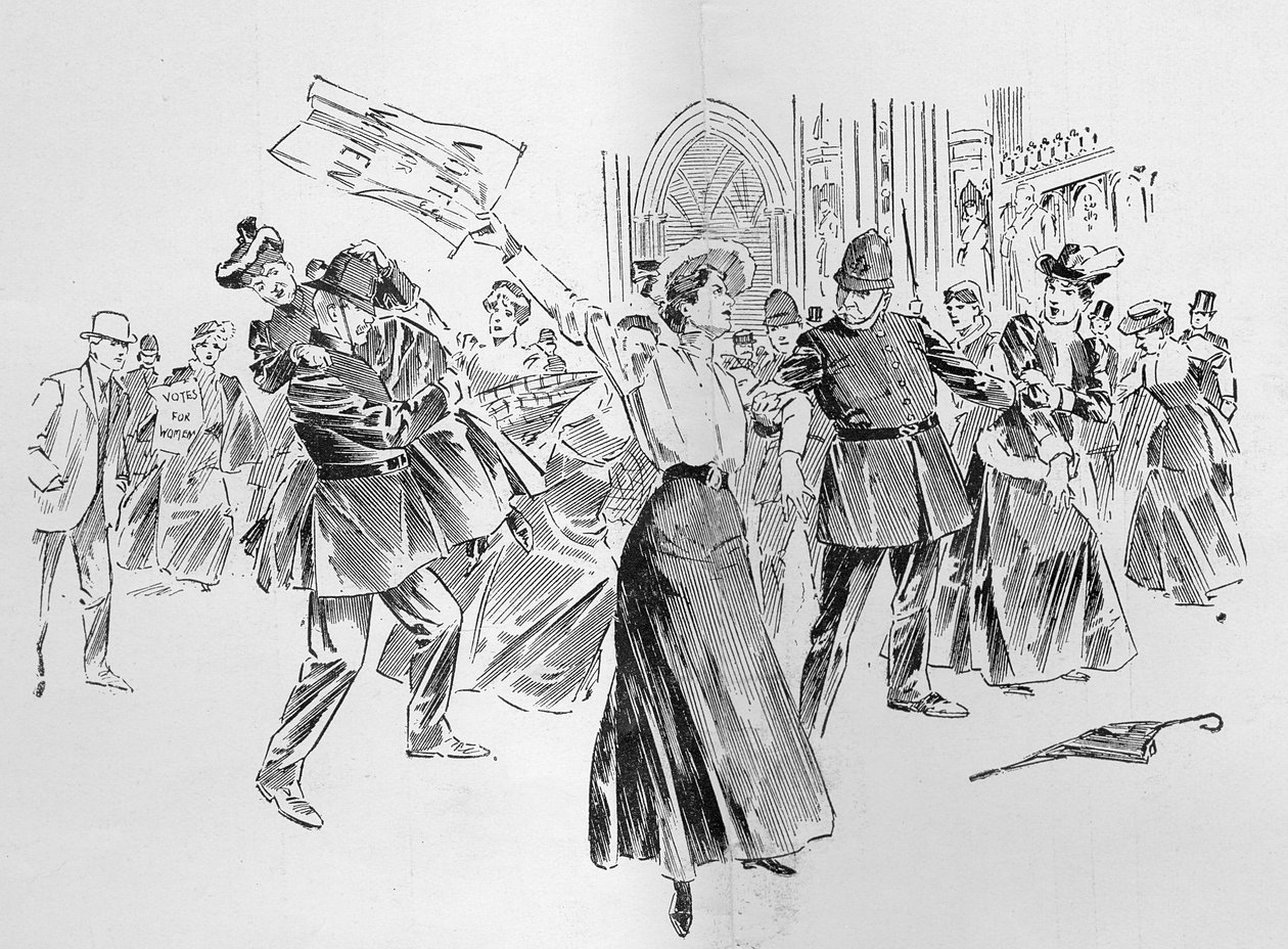 Repressible Suffragettes luovat käänteen aulassa artikkelista "The Reassembling of Parliament", joka julkaistiin The Graphicissa, 27. lokakuuta 1906. tekijältä Ralph Cleaver