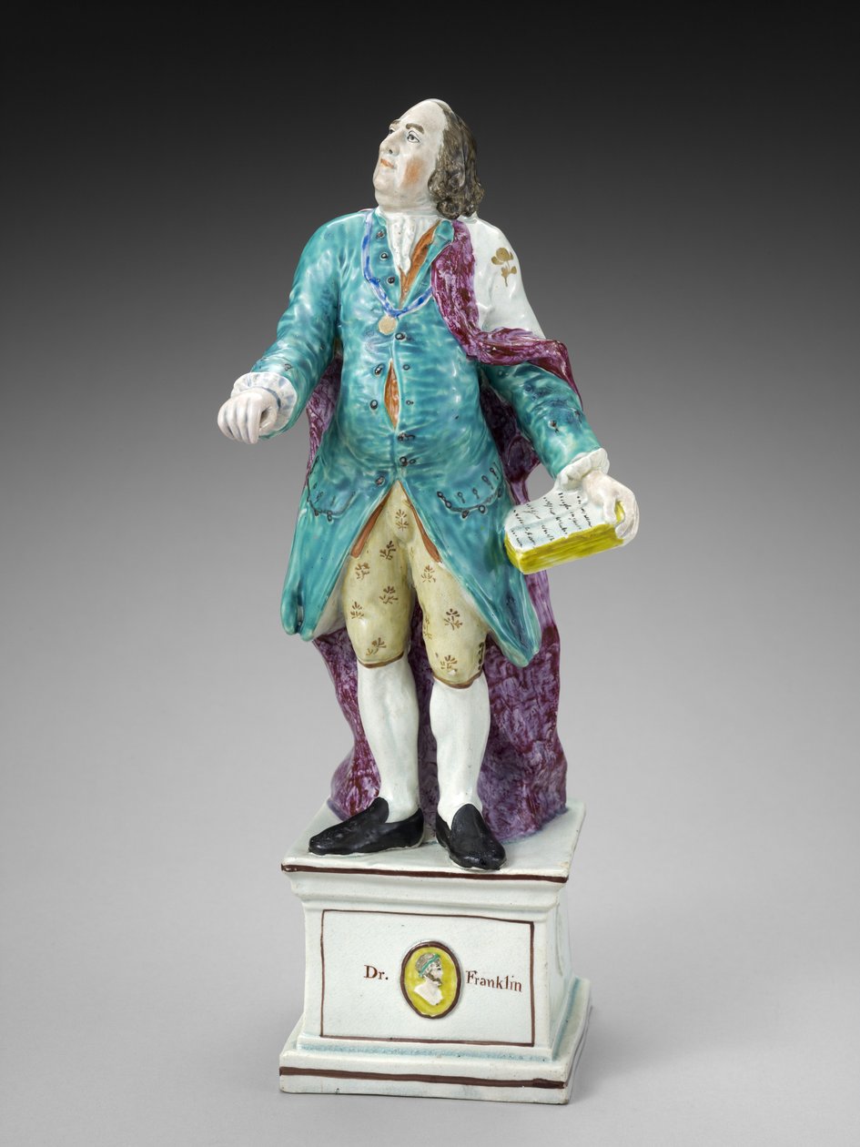 Benjamin Franklinin hahmo, n. 1782-1795 (lyijylasitetut keramiikka (helmitavara) overglaze-emalilla) tekijältä Ralph Sr. Wood
