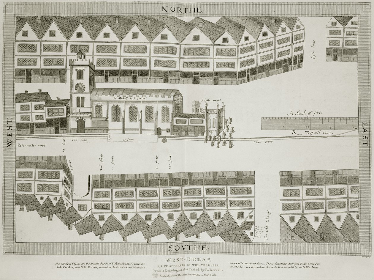 West Cheap sellaisena kuin se ilmestyi vuonna 1585, kaivertanut Bartholemew Howlett (1767-1827), julkaistu 1814 tekijältä Ralph Treswell