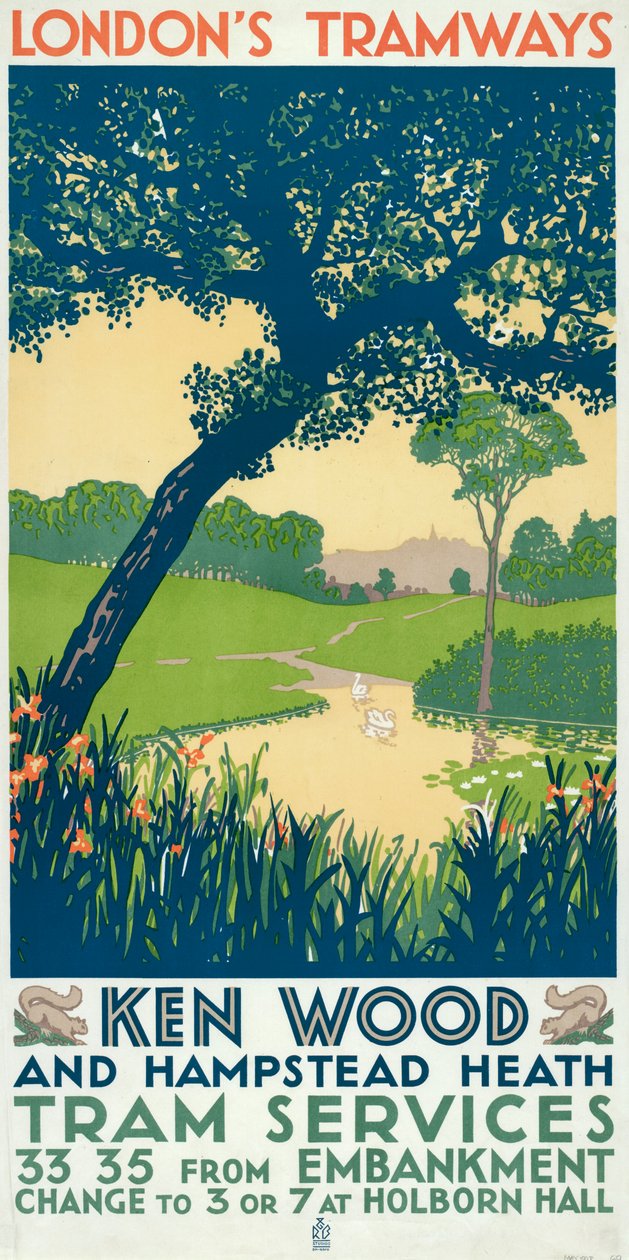 "Kenwood and Hampstead Heath", Lontoon kreivikuntaneuvoston LCC Tramways -juliste, 1928 tekijältä Ralph and Brown Studios