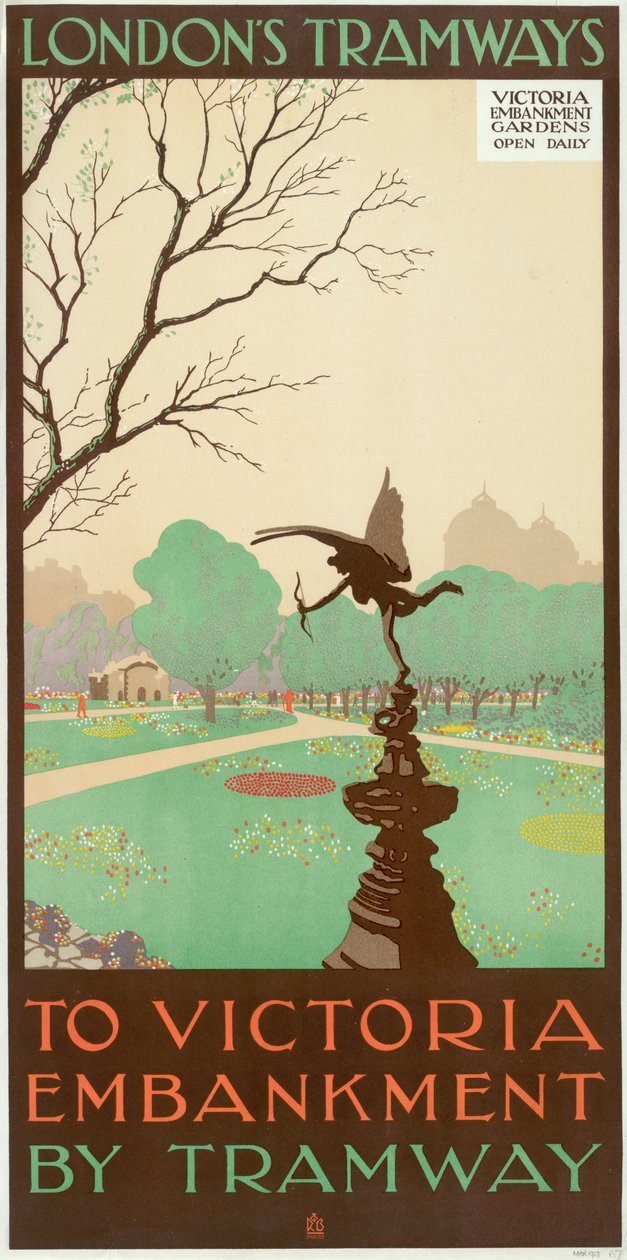 "To Victoria Embankment by Tramway", Lontoon kreivikuntaneuvoston LCC Tramways -juliste, 1928 tekijältä Ralph and Brown Studios