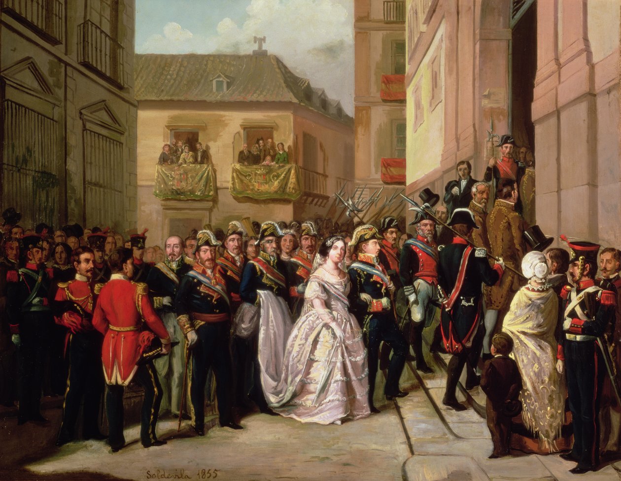 Espanjalainen Isabella II (1830-1904) ja hänen miehensä Francisco de Assisi vierailemassa Santa Marian kirkossa tekijältä Ramon Soldevila Trepat