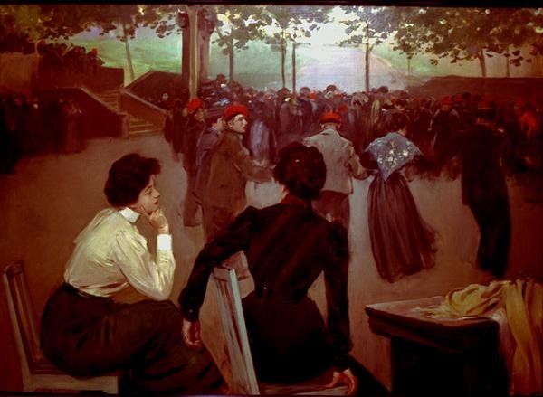 Sardanas Saint Roquen suihkulähteessä Olotissa, n. 1901-02 (öljy kankaalle) tekijältä Ramon Casas i Carbo