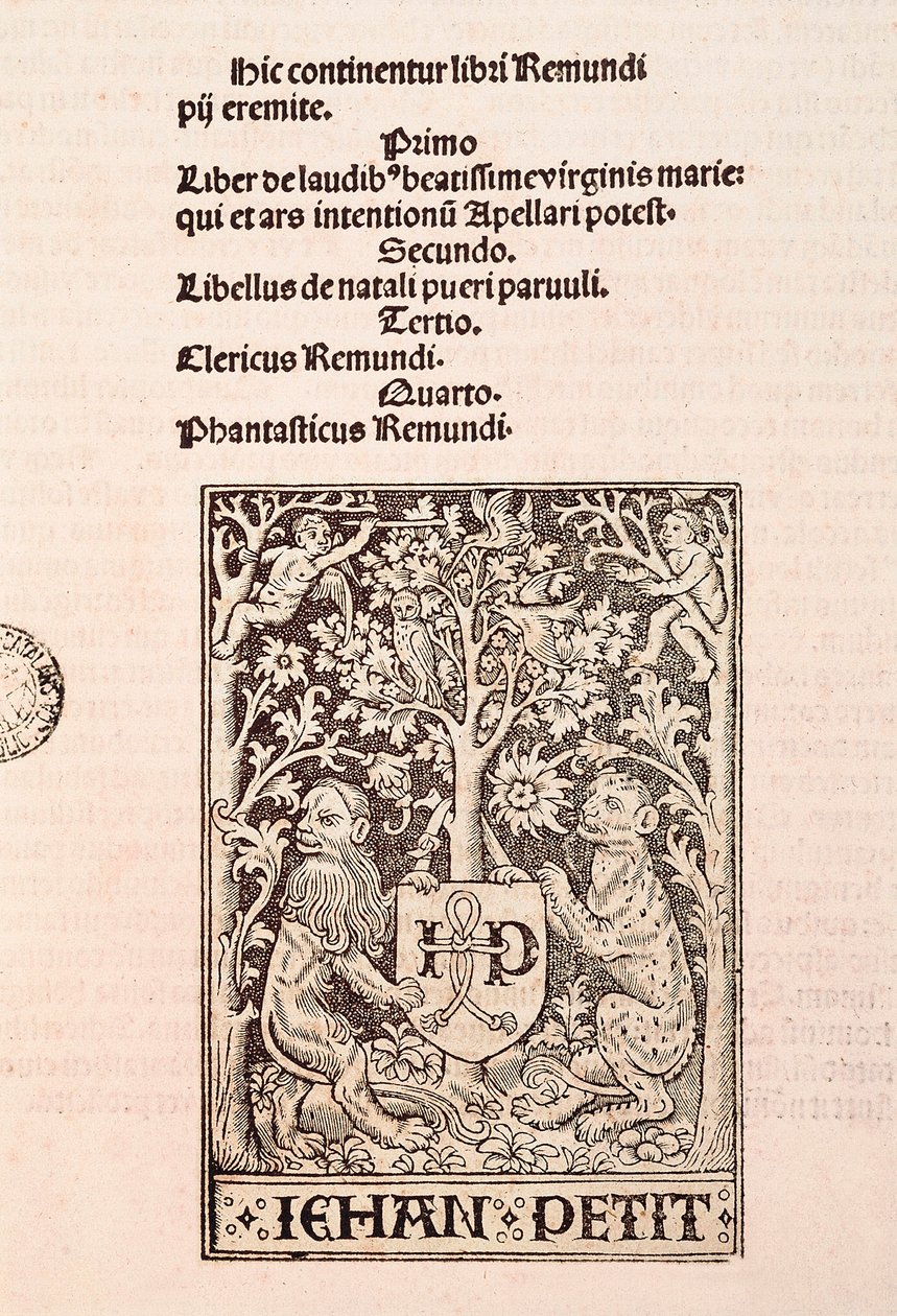 Sivu Ramon Llullin (1235-1315) koodeksista "De Laudibus Beatissimae Virginis Mariae", joka kuvaa kahta leijonaa pitelemässä kirjapaino Jehan Petitin vaakunaa. tekijältä Ramon Llull