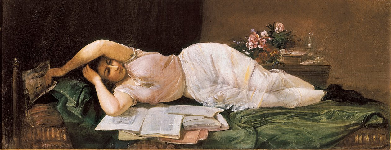 Valehteleva nainen. Ramon MARTI i ALSINA (1826-1894) maalaus. Öljy kankaalle. Espanja, El Vendrell. Pau Casalsin kotimuseo. tekijältä Ramón Martí Alsina