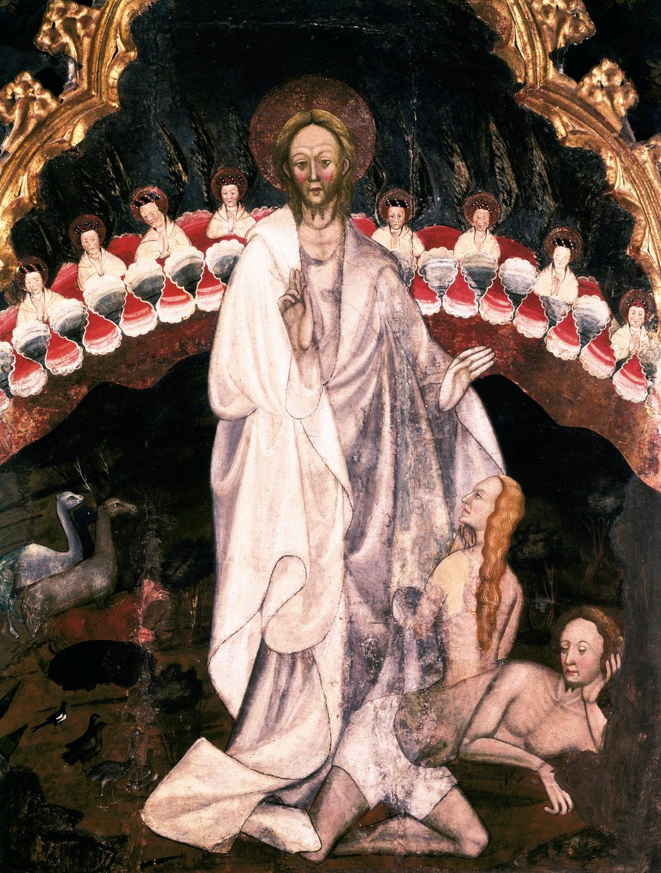 Maailman luominen, Eevan luomisen alapuolella, San Sebastian de Guimeran kirkon alttaritaulun yksityiskohta. Rempe puulla, Ramon de Mur (k. 1435) 1402-1412. Vicin episkopaalinen museo. Katalonia Espanja tekijältä Ramon de Mur