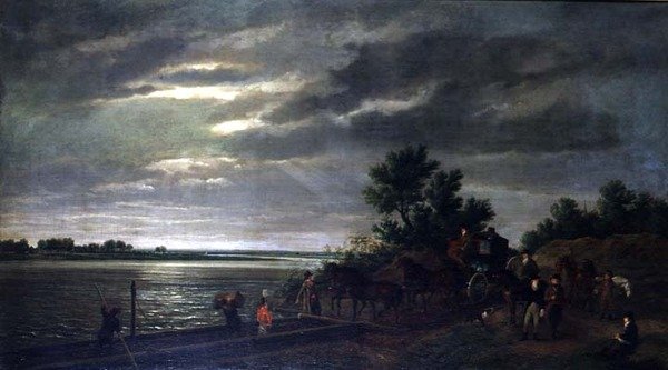 Kärryt ja hevoset saapumassa lautalle Leck-joella Hollannissa yöllä tekijältä Ramsay Richard Reinagle