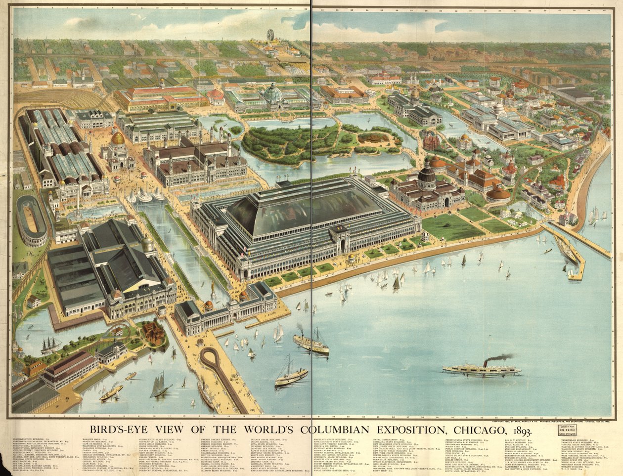 Lintuperspektiivistä katsottuna Columbian maailmannäyttely, Chicago, 1893. LOC 98687181 tekijältä Rand McNally and Company