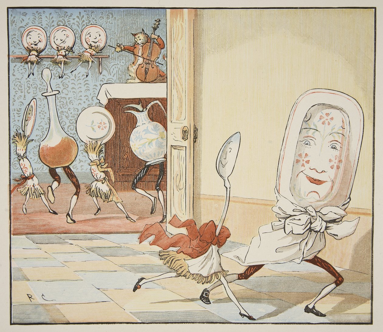 "And the Dish Run Away with the Spoon", 1882 (kynä ja muste, guassi ja wc paperilla) tekijältä Randolph Caldecott