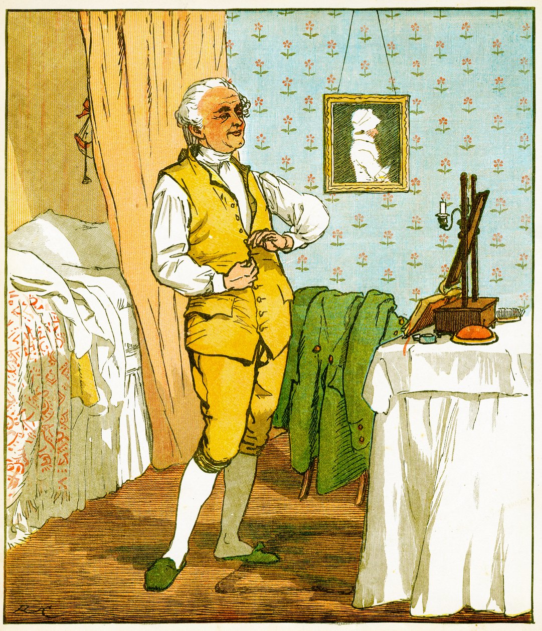 Islingtonin pukeutumisen hyvä mies, kuvitus Oliver Goldsmithin Elegiasta hullun koiran kuolemasta, 1879 tekijältä Randolph Caldecott