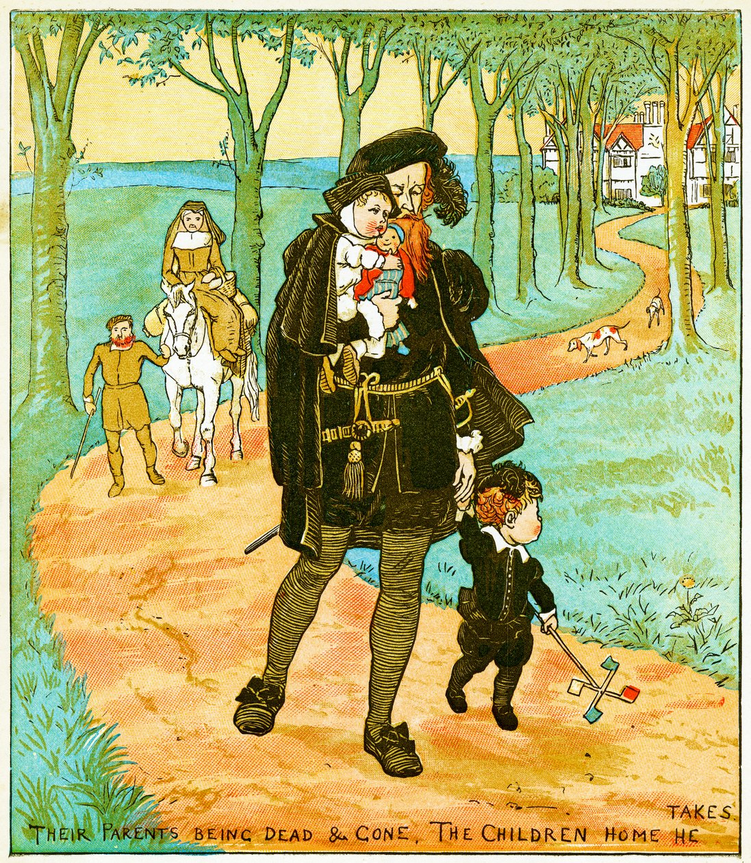 "Vanhemmat kuolleina ja poissa, lapset kotiin hän vie", kuvitus teokselle Babes in the wood, 1885 tekijältä Randolph Caldecott