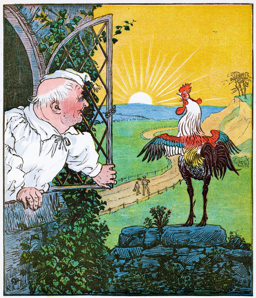 Tämä on kukko, joka lauloi aamulla, joka herätti tuomarin täysin ajeltuina ja silittyneenä, esimerkki Jackin rakentamasta talosta, 1896 tekijältä Randolph Caldecott