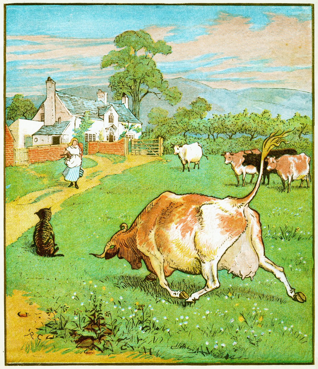 Tämä lehmä, jolla on rypistynyt sarvi ja joka heitti koirakuvan elokuvaan The House, jonka Jack rakensi, 1878 tekijältä Randolph Caldecott