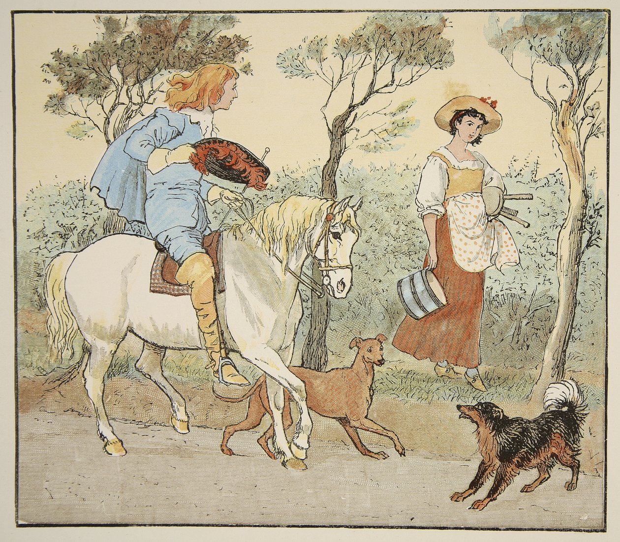 Minne olet menossa, Pretty Maid, kuva Milkmaid-pubista. kirjoittanut Frederick Warne und Co. tekijältä Randolph Caldecott
