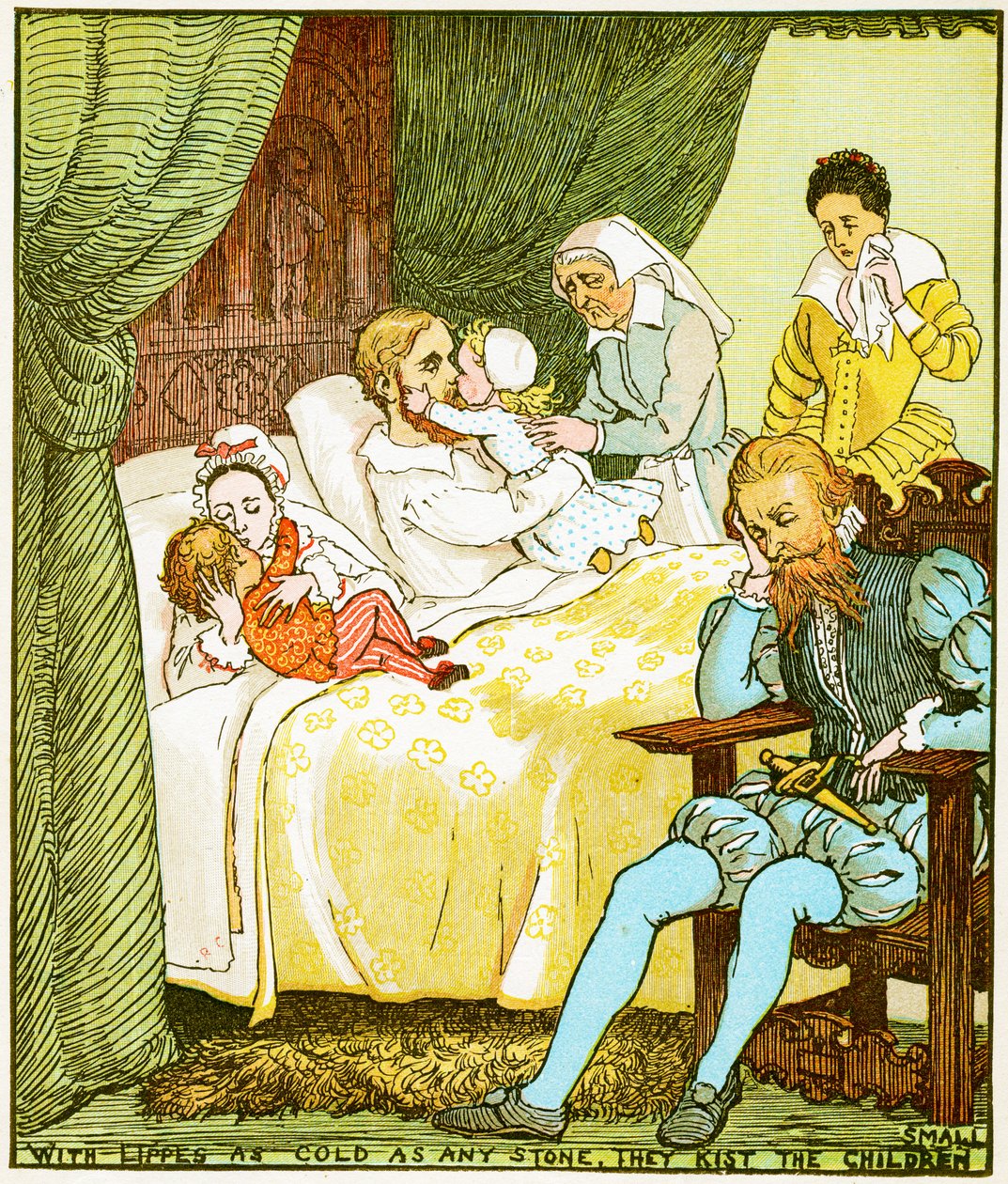Kylmät huulet kuin mikä tahansa kivi, he suutelevat pieniä lapsia, kuvitus teokselle Babes in the wood, 1885 tekijältä Randolph Caldecott