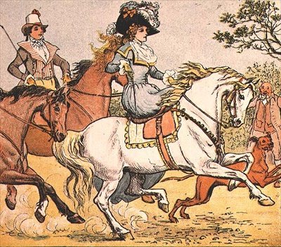 Hieno nainen valkoisella hevosella ratsastaa kukkohevosella Banbury Crossiin tekijältä Randolph Caldecott