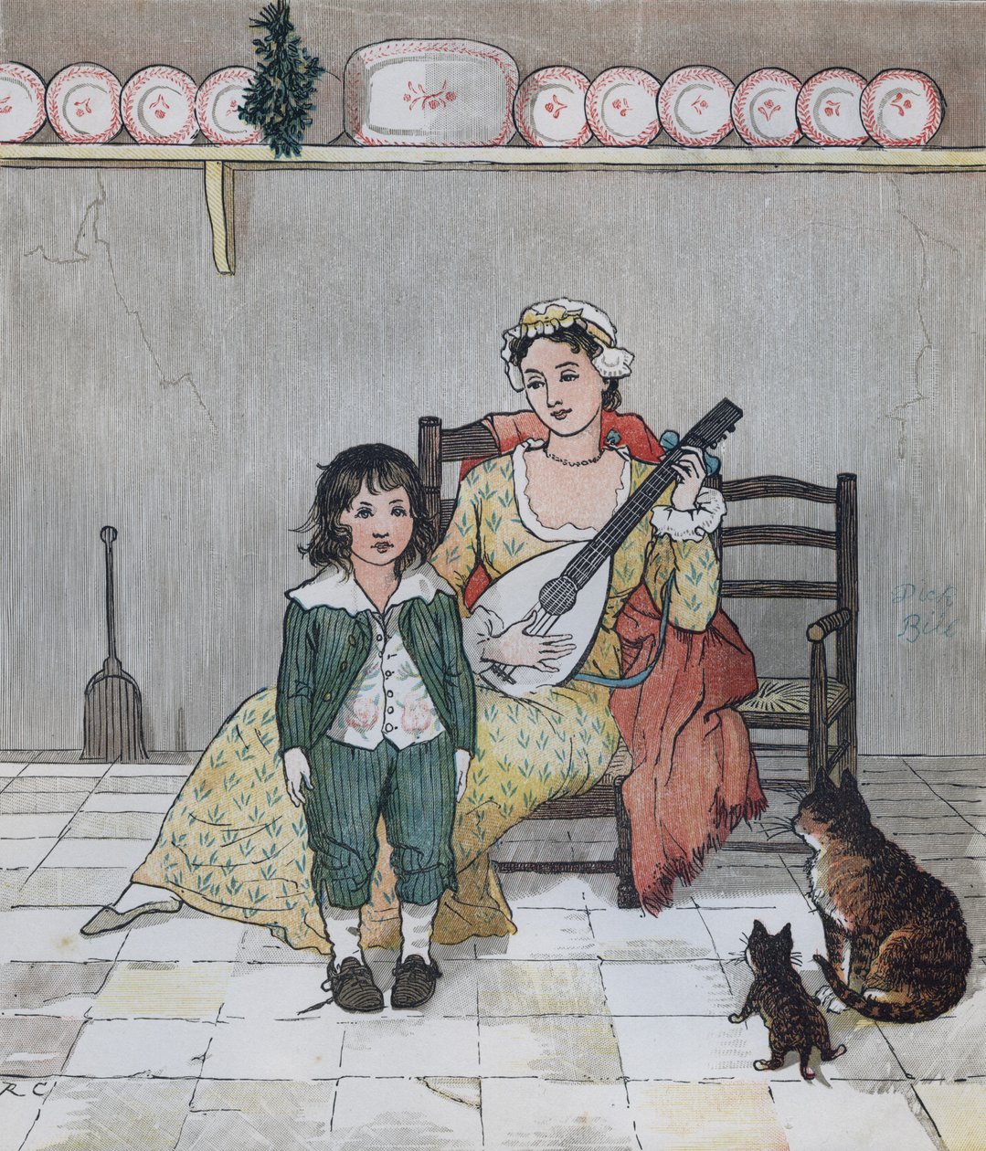 Oliver Goldsmithin Elegia hullun koiran kuolemasta. Mestari Bill Primrose valmistautuu laulamaan tarinaa. Kuvitus Randolph Caldecott tekijältä Randolph Caldecott