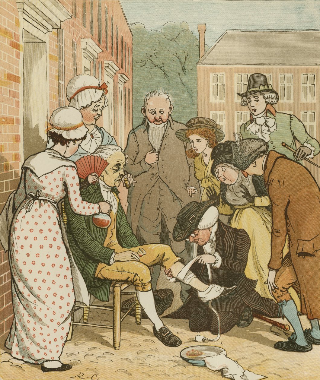 Oliver Goldsmithin Elegia hullun koiran kuolemasta. Naapurit pukevat Islingtonin pureman hyvää miestä.. Kuva Randolph Caldecott tekijältä Randolph Caldecott