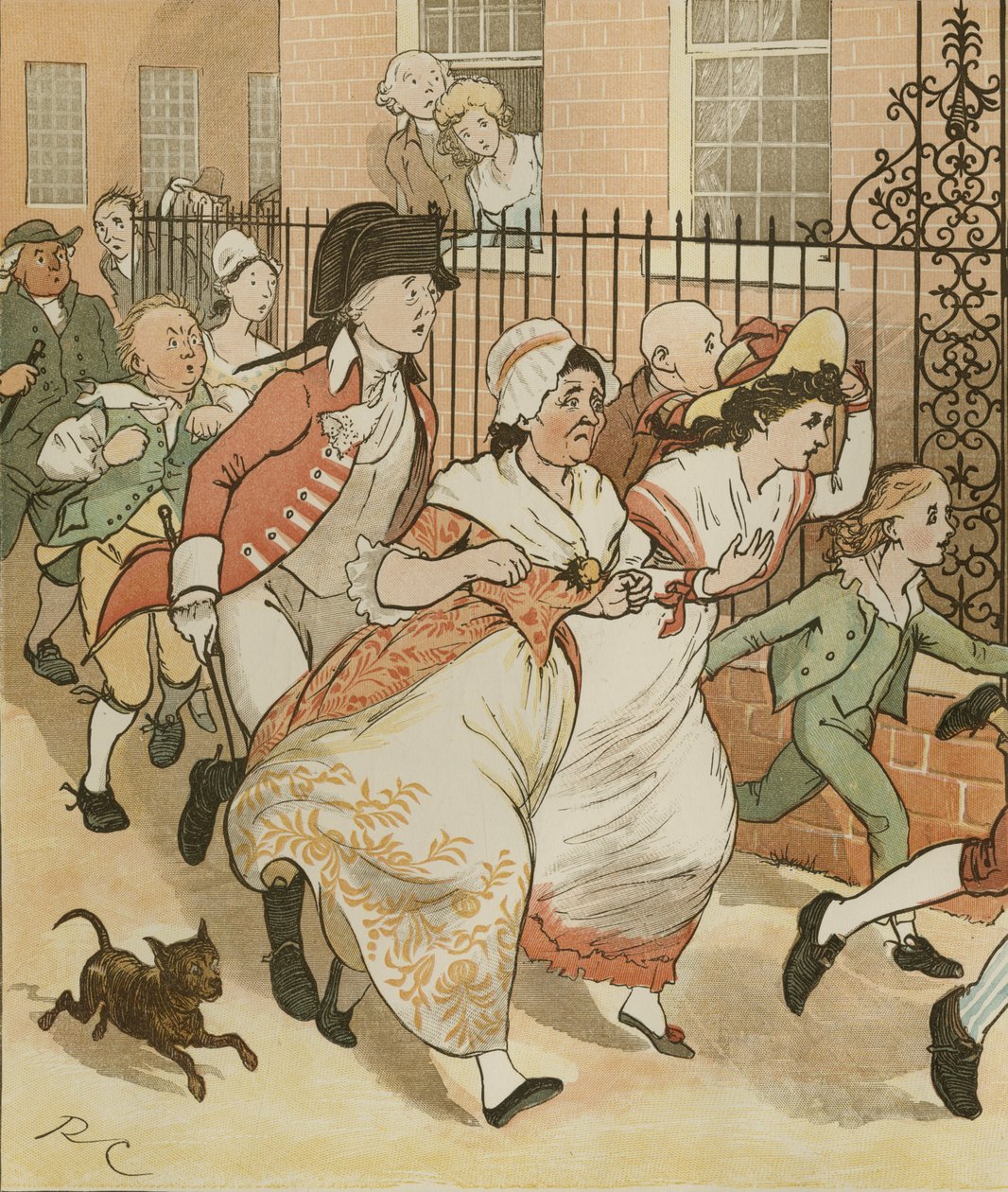 Oliver Goldsmithin Elegia hullun koiran kuolemasta. Naapurit ryntäävät auttamaan Islingtonin hyvää miestä. Kuvitus Randolph Caldecott tekijältä Randolph Caldecott