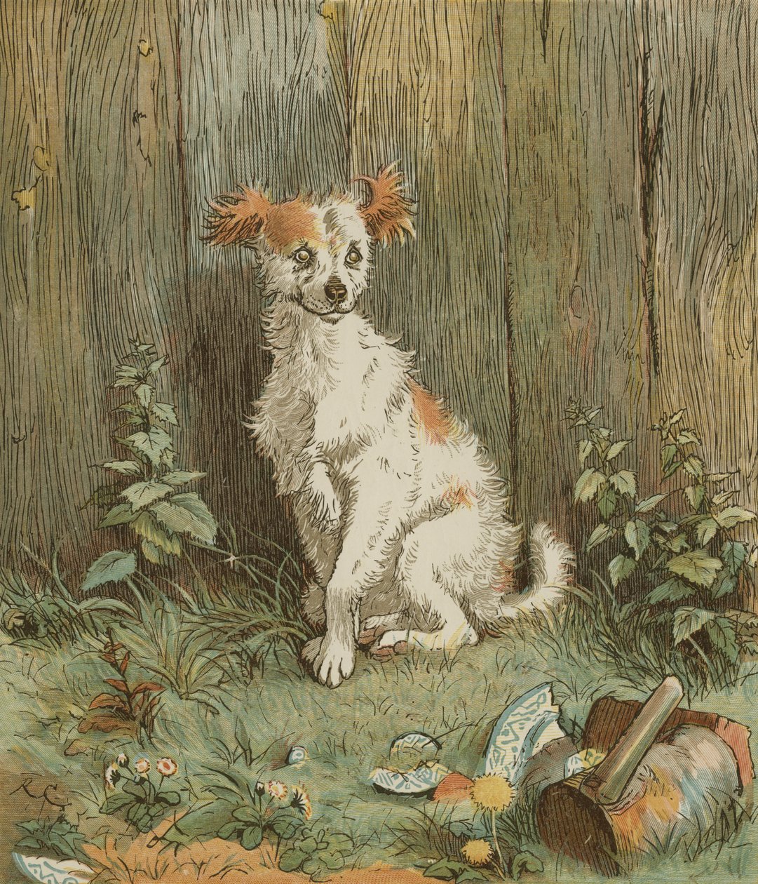 Oliver Goldsmithin Elegia hullun koiran kuolemasta. Kulkukoira ystävystyi hyvän Islingtonin miehen kanssa. Kuvitus Randolph Caldecott tekijältä Randolph Caldecott