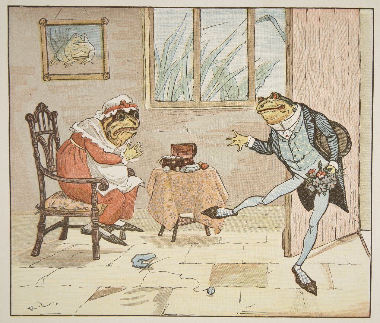 Kuvitus julkaisusta "A Frog He Will A-Wooing Go", pub. kirjoittanut Frederick Warne und Co. tekijältä Randolph Caldecott