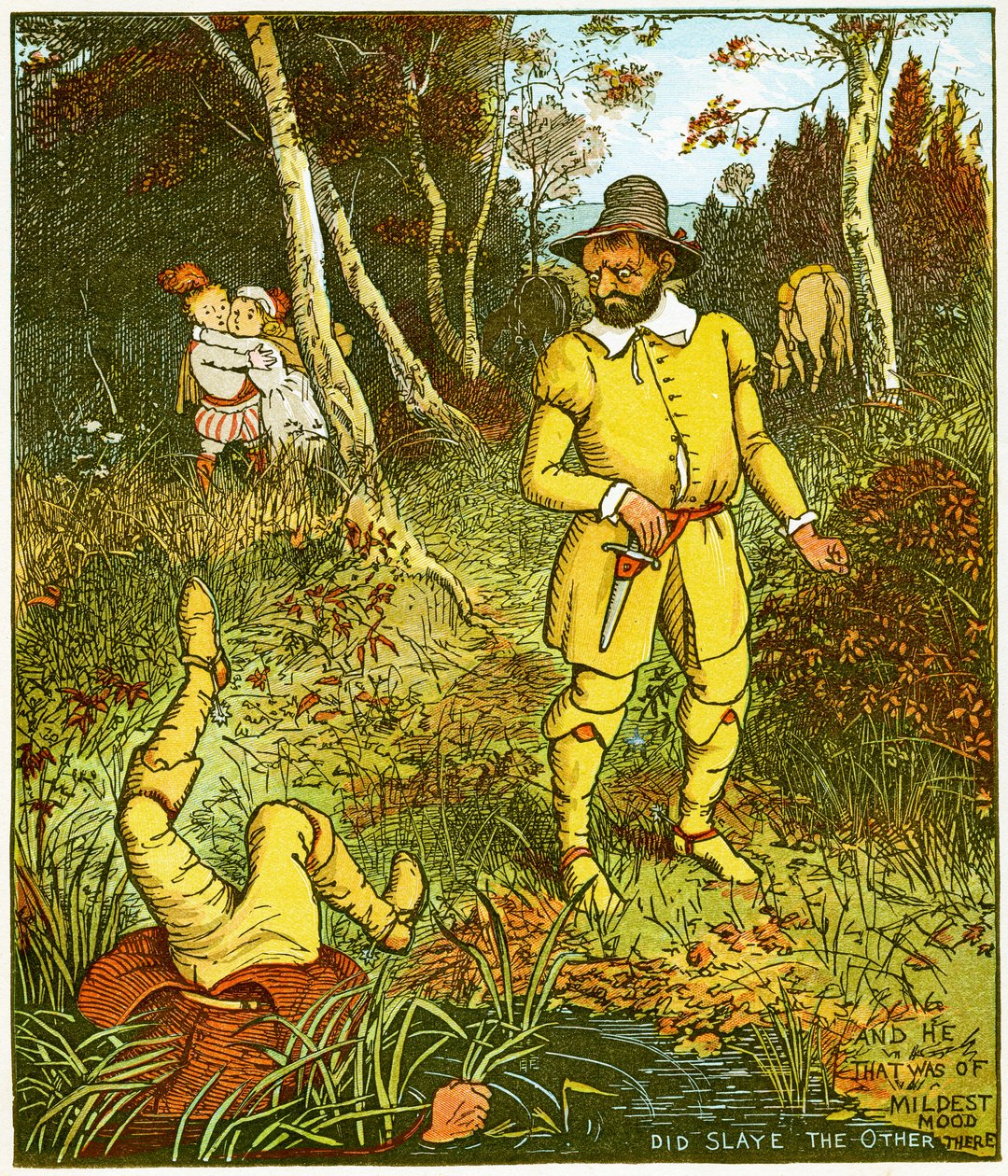 "Ja se, joka oli lempeimmällä tuulella, tappoi toisen siellä", kuva Babes in the woodista tekijältä Randolph Caldecott