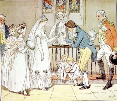 "Ja hän meni erittäin harkitsematta naimisiin parturin kanssa" The Great Panjandrum -pubista. Frederick Warne & Co. (värillinen kaiverrus) tekijältä Randolph Caldecott