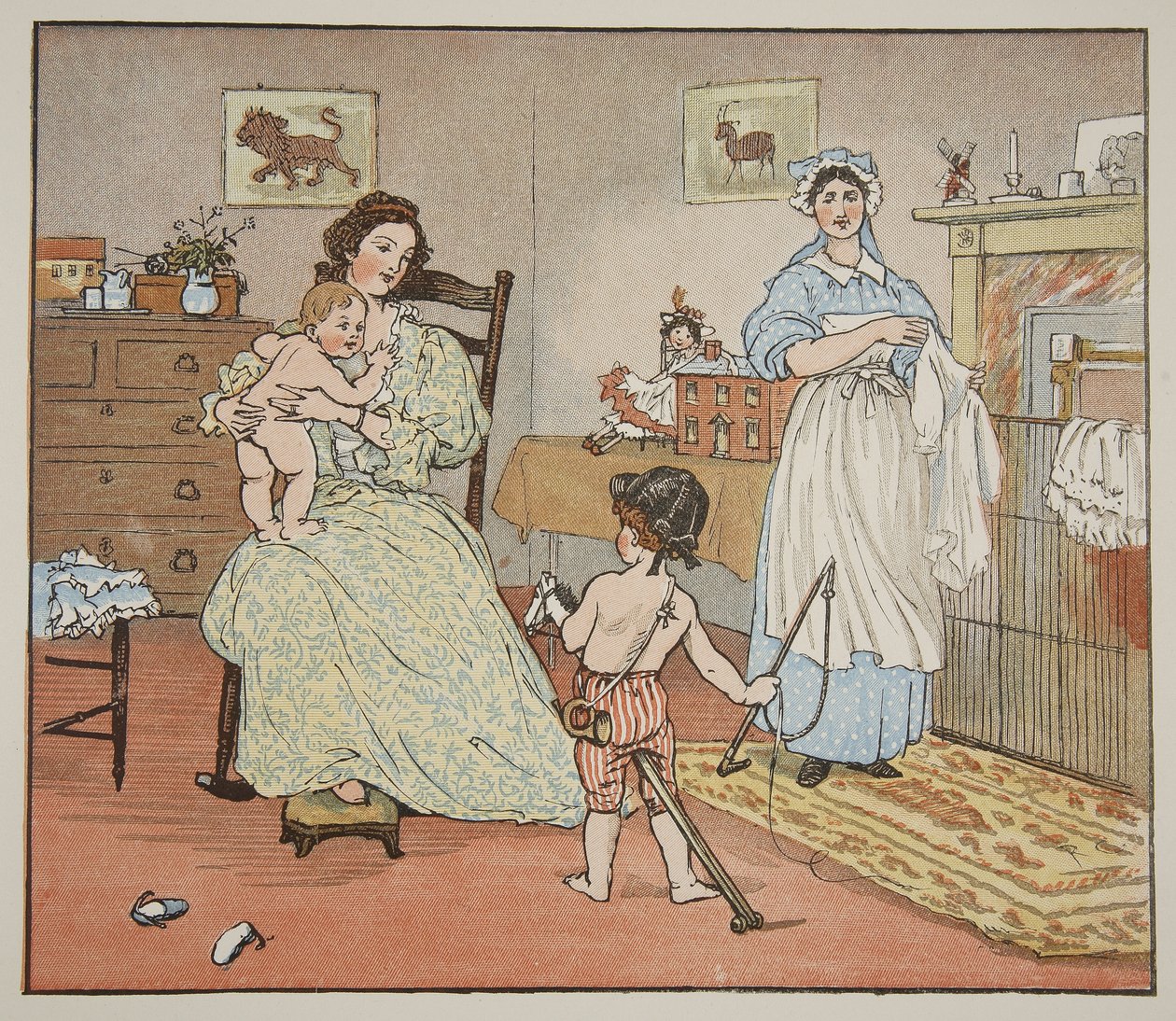Heippa, Baby Bunting, kuvitus teoksesta "Hey Diddle Diddle and Bye, Baby Bunting", 1882 tekijältä Randolph Caldecott