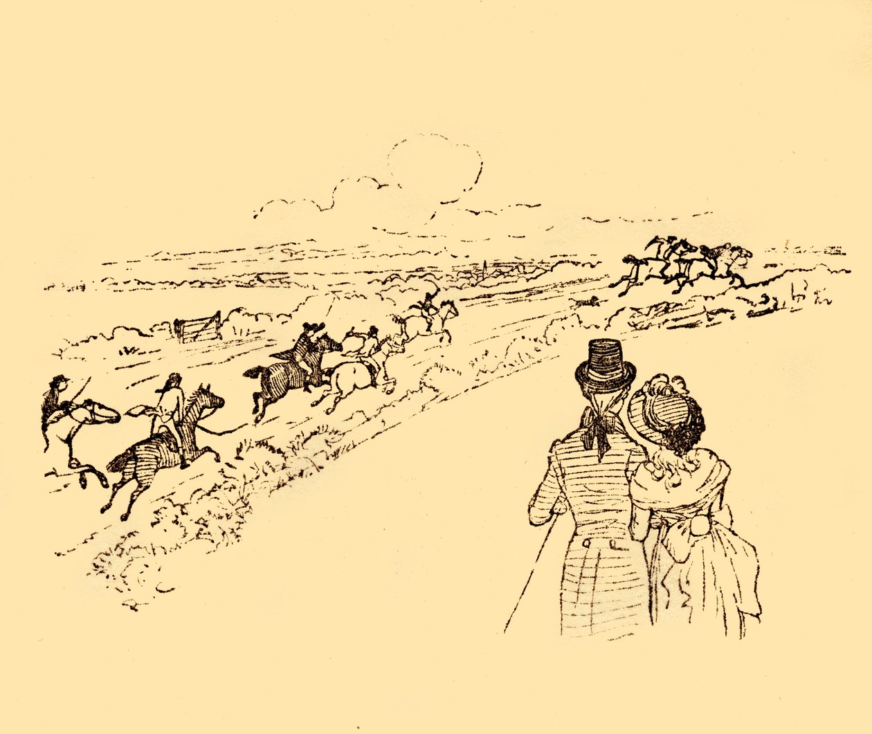 Sivulliset katsovat, kun John Gilpiniä jahdataan maaseudulla, 1878, 1918. tekijältä Randolph Caldecott