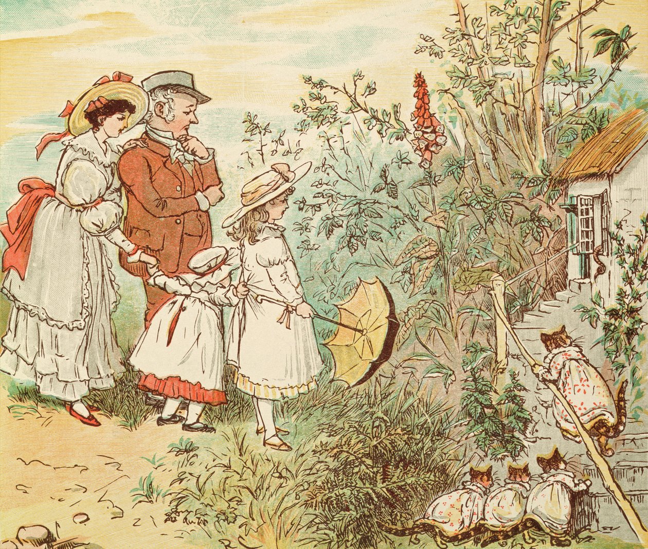 Kissa ja hänen kissanpennut tulivat sisään "A Frog He Will A-Wooing Go" -sarjasta. tekijältä Randolph Caldecott