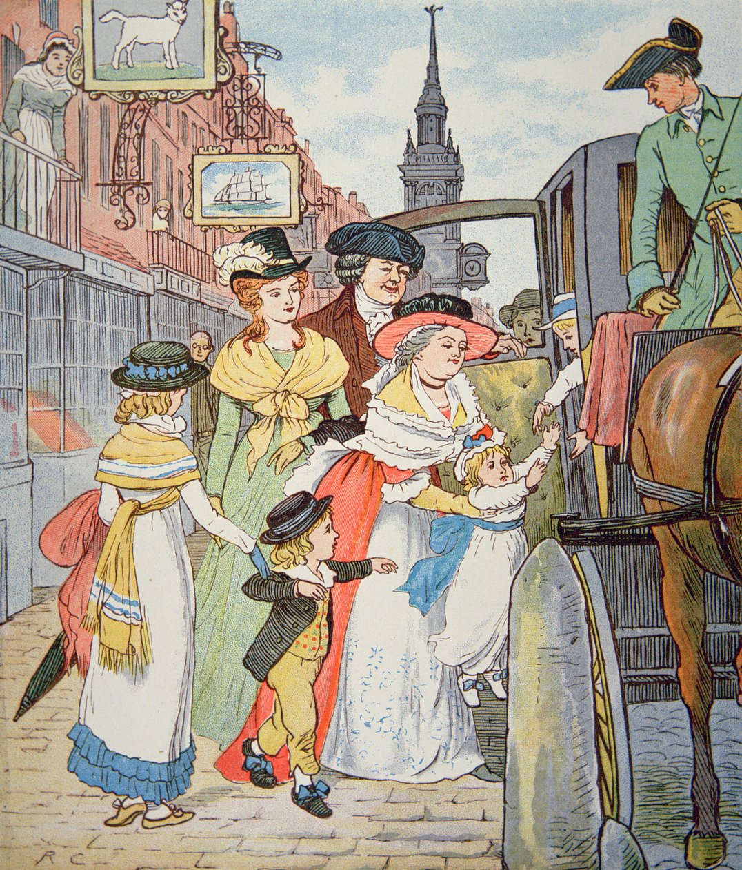 Perhe-elämä siirtomaa-Amerikassa - Katukuva Bostonissa (akvarelli paperille) tekijältä Randolph Caldecott