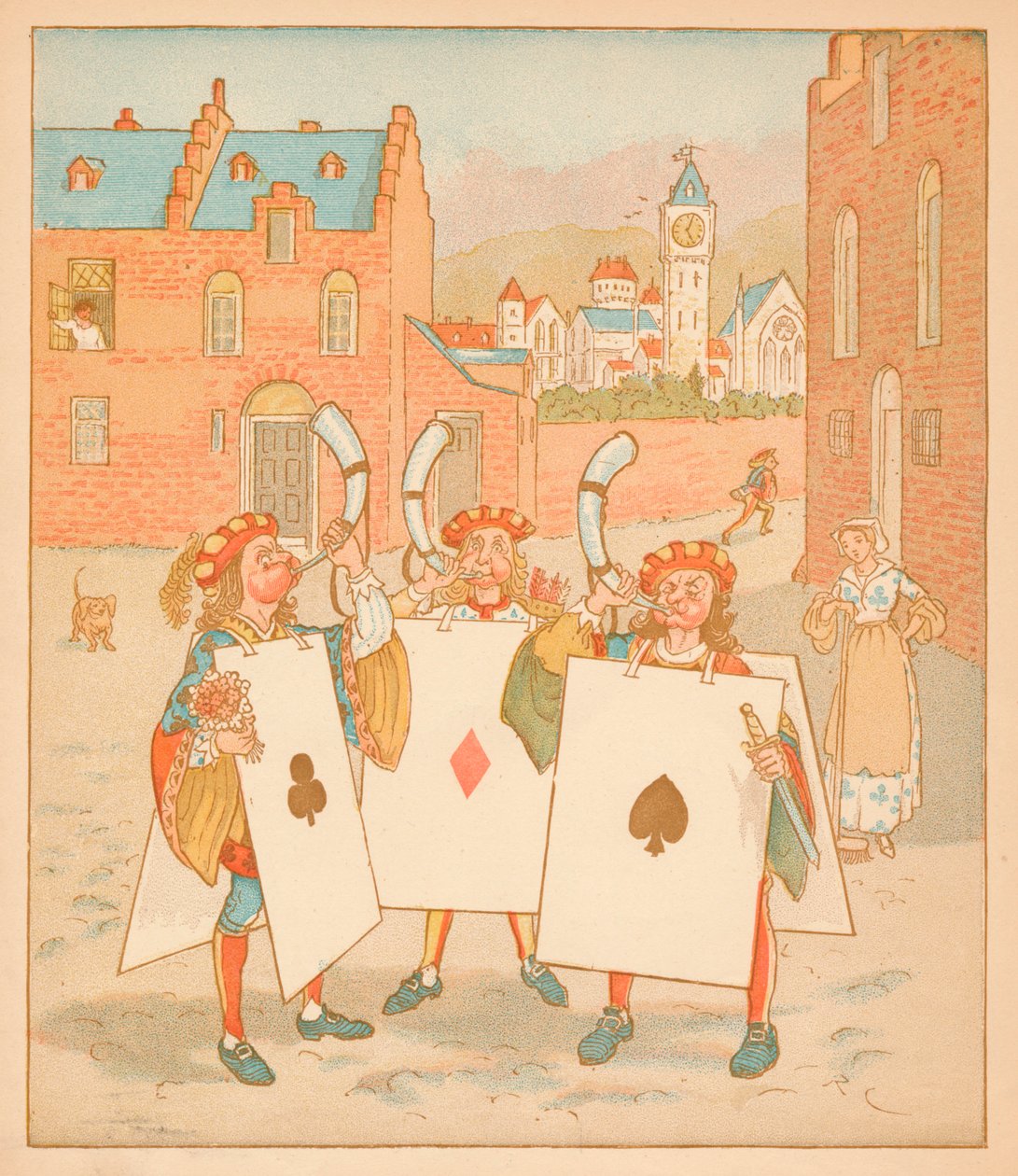 Torvenpuhaltimet pelikorteilla, 1880. tekijältä Randolph Caldecott