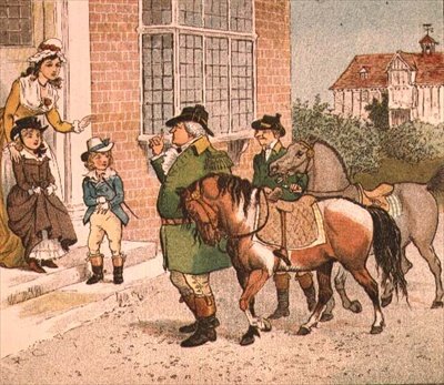 Kuvitus Ride-a-cock-hevosesta Banbury Crossiin (hevosten tuominen lapsille) tekijältä Randolph Caldecott
