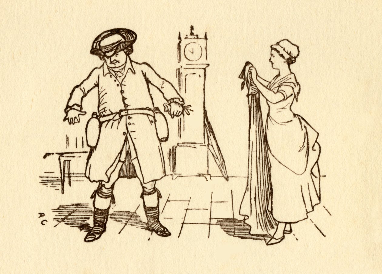 John Gilpin kiinnittää viinipulloja vyöhönsä, 1878, c1918. tekijältä Randolph Caldecott