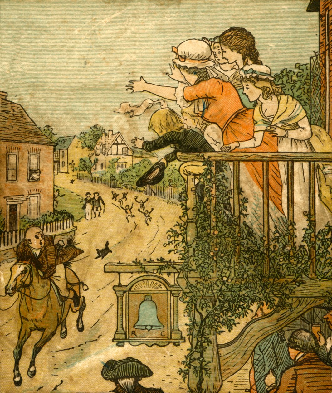 John Gilpin laukkaa Bell Innin ohi, kun hänen vaimonsa ja lapsensa vilkuttavat parvekkeelta, 1878, c1918. tekijältä Randolph Caldecott