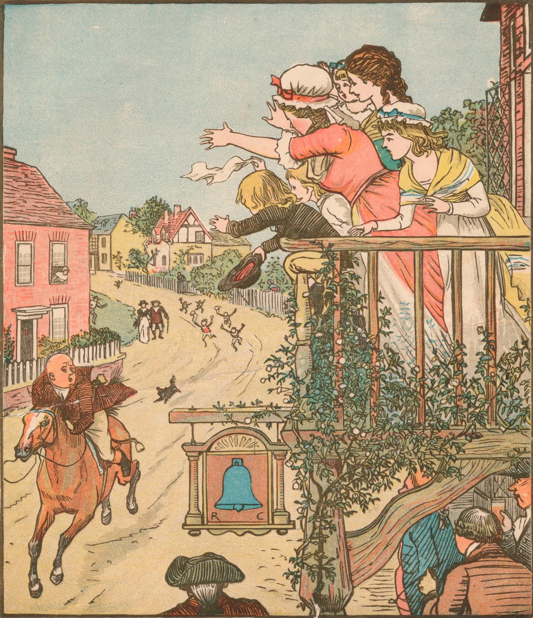 John Gilpin laukkaa Bell Innin ohi, kun hänen vaimonsa ja lapsensa vilkuttavat parvekkeelta, 1878, c1918. tekijältä Randolph Caldecott