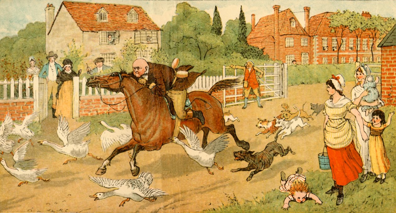 John Gilpin laukkaa kylän läpi, 1878, c1918. tekijältä Randolph Caldecott