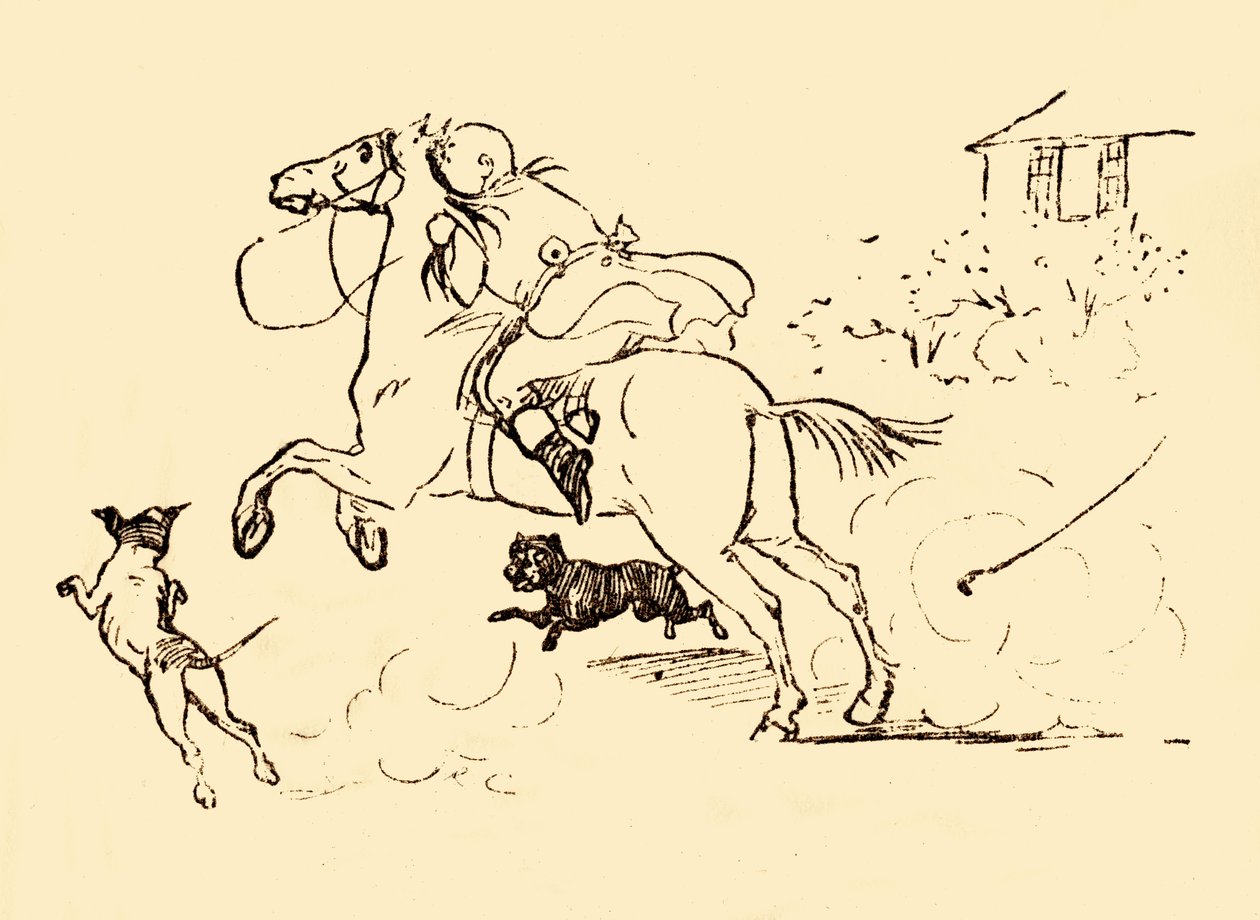 Koirat jahtaavat John Gilpiniä, kun hänen hevosensa laukkaa hallinnasta, 1878, 1918. tekijältä Randolph Caldecott