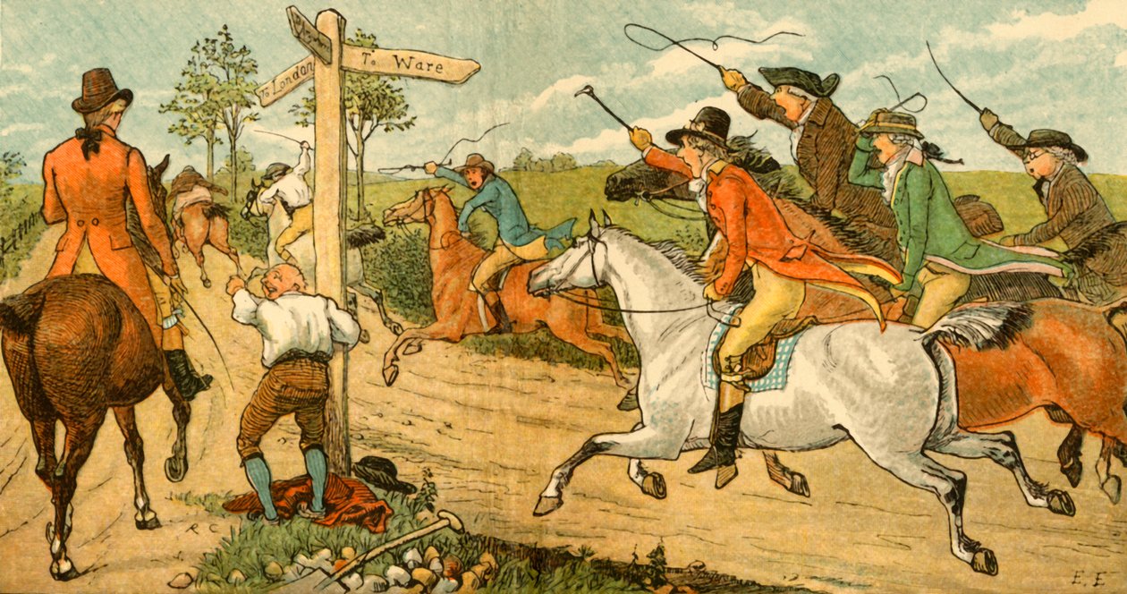 John Gilpin pulttihevosellaan ohikulkijoiden jahtaamassa, 1878, c1918. tekijältä Randolph Caldecott