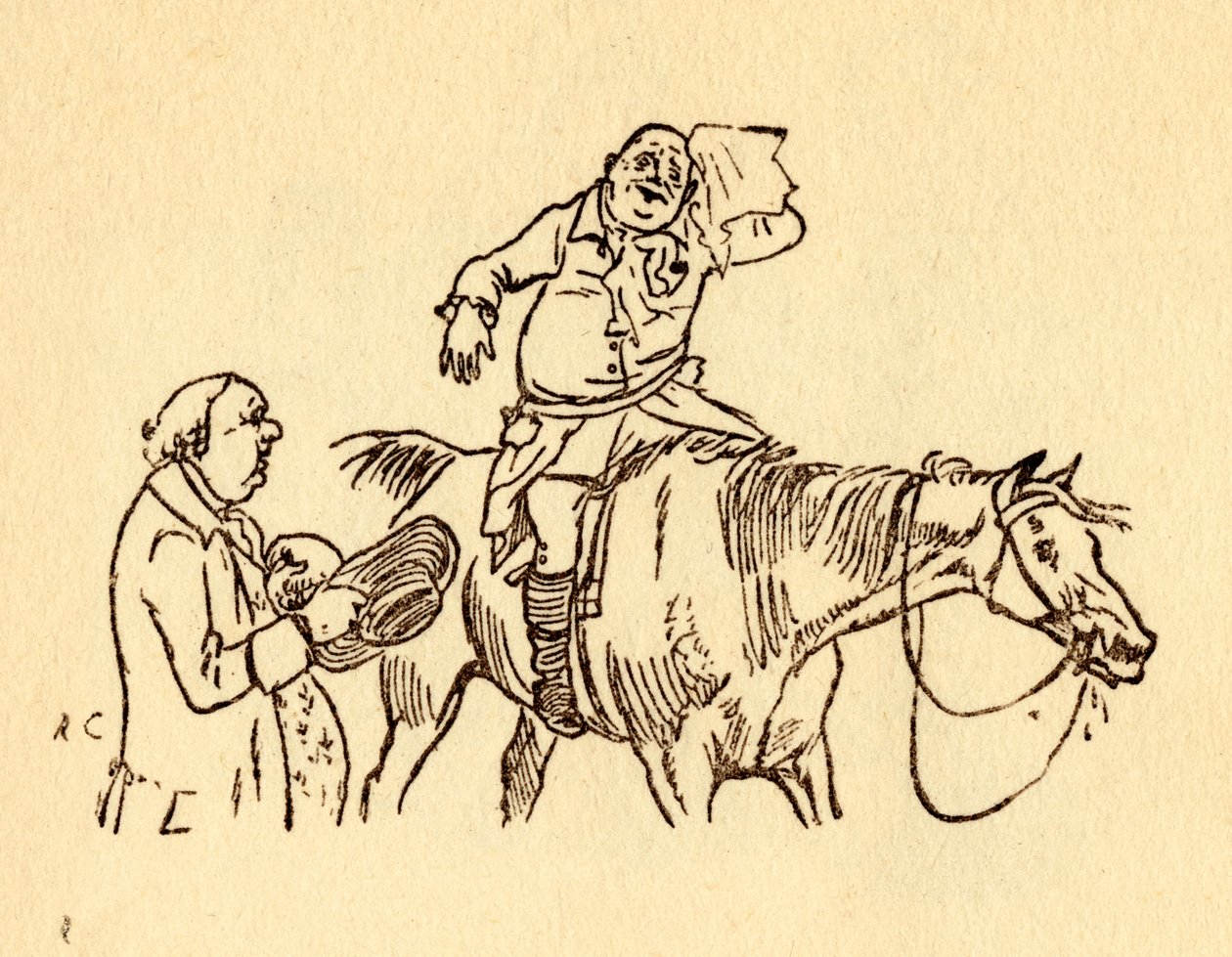 John Gilpin pyyhkii hikinen kulmakarvansa nenäliinalla, 1878, 1918. tekijältä Randolph Caldecott