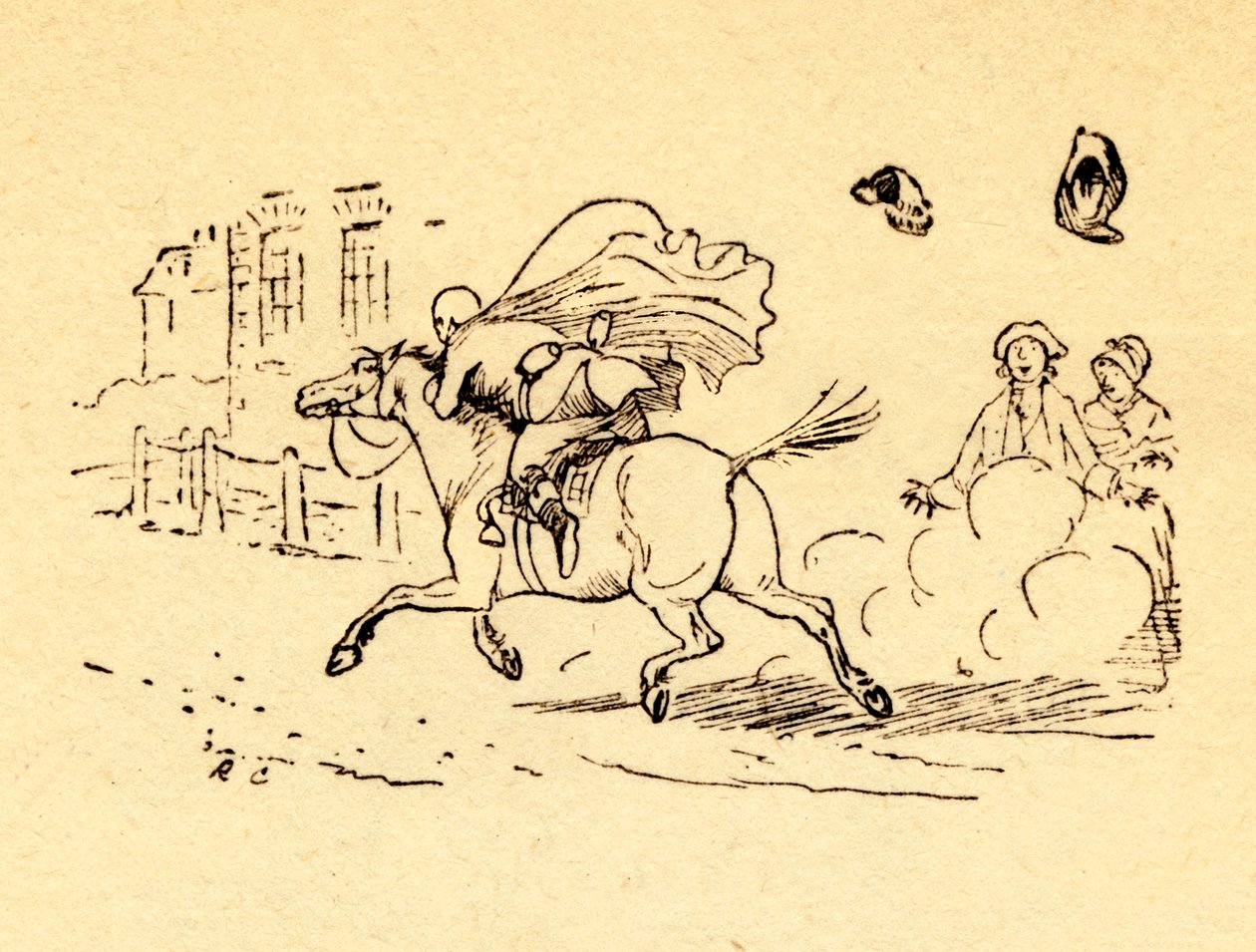 John Gilpinsin hevospultit, hattu ja peruukki puhalletaan pois, 1878, c1918. tekijältä Randolph Caldecott