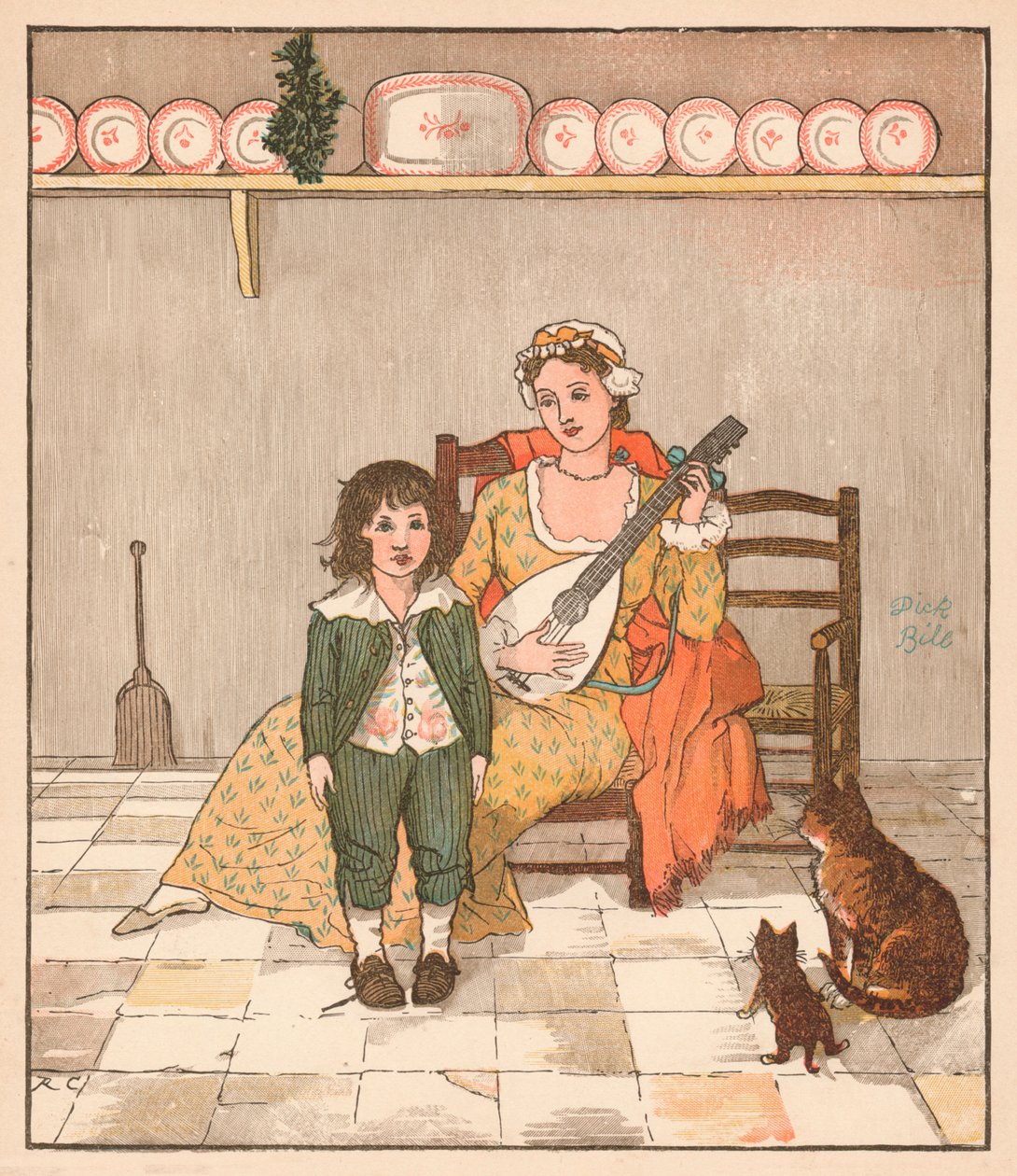 Mestari Bill Primrose valmistautuu laulamaan tarinaa, vuodelta 1879. tekijältä Randolph Caldecott